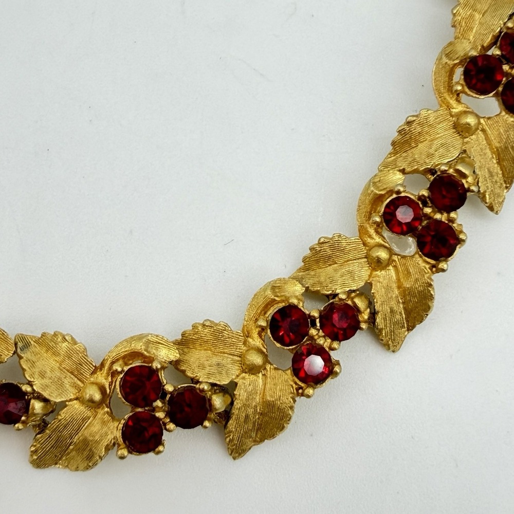 Vintage Red Rhinestone Necklace Double Leaf Choker